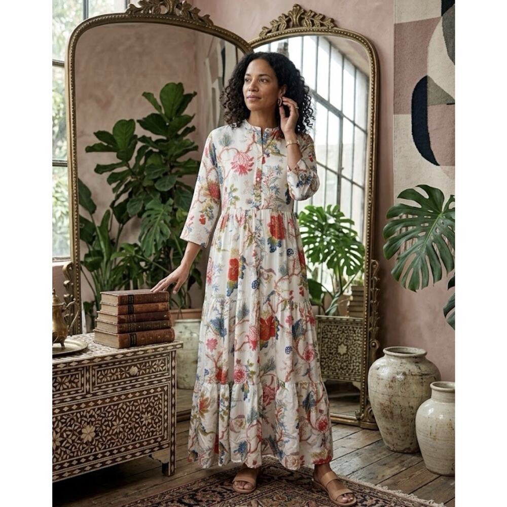 Kalki Women Blue Floral Print Anarkali Maxi Dress Silk Ethnic Indian Size M